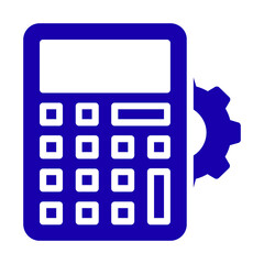 Bright blue calculator icon with gear symbol for digital tools and financial management applications and interfaces