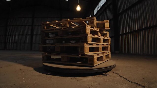 stack of worn wooden pallets in dark warehouse