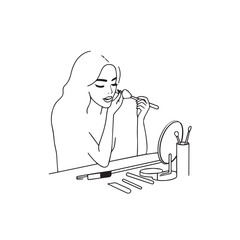 Black and white line art of a beautiful woman doing makeup at dressing table with mirror illustration