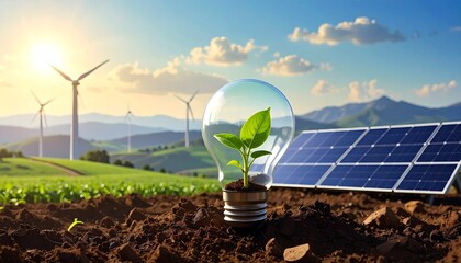 Eco light bulb with sprout inside next to solar panel and wind turbines in distance