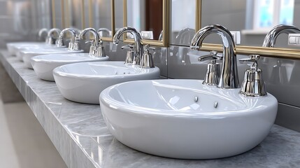 Row of white ceramic sinks with chrome faucets and gold framed mirrors reflecting a window