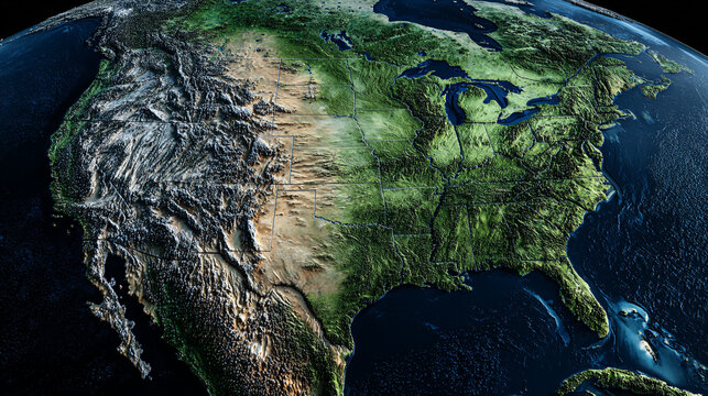 3D topographical map of the United States showing mountains plains and coastlines