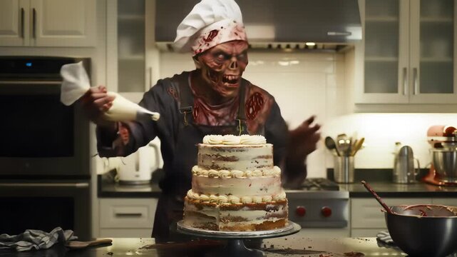 A terrifying undead chef with a bloody chef's hat and apron is clumsily decorating a layered cake. Blood splatters are visible on the creature and around the kitchen environment.