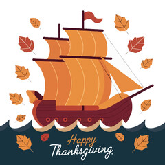 Thanksgiving sailing ship with autumn leaves isolated on white background