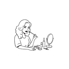 Black and white line art of a beautiful woman doing makeup at dressing table with mirror illustration
