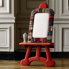 Easel - An orange stand holding a pristine white canvas