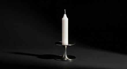 White Candle in Silver Candlestick on Dark Background.