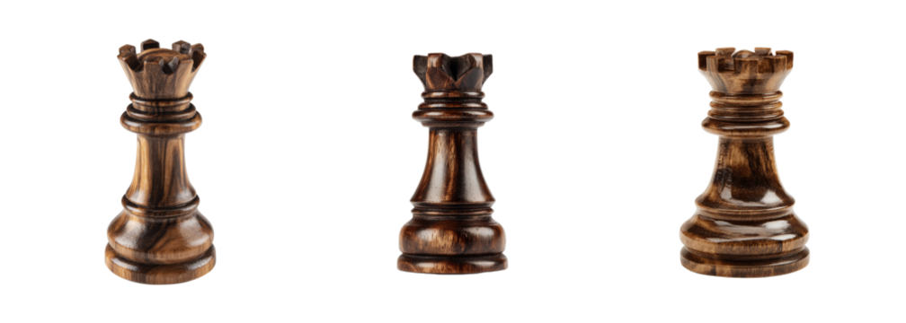 Elegant dark wood chess pieces, queen and rook, isolated on black for strategic concepts, PNG set Transparent backround