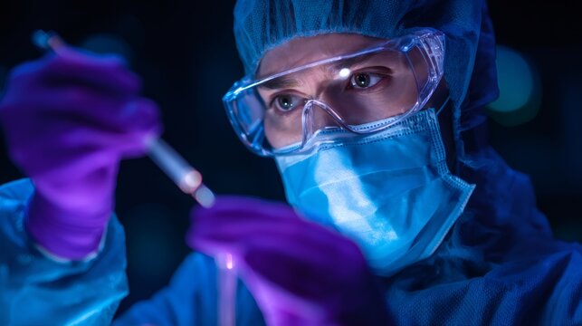 Scientist with protective glasses and face mask conducting research. Medical technician working in laboratory. Concept of future medicine.