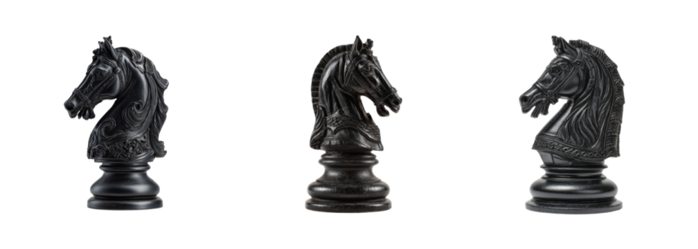 Majestic Black Chess Knight Set: Strategic Elegance, Dark Tone, Isolated, Perfect for Game Design & Noble Themes PNG Set Transparent Background - Powered by Adobe