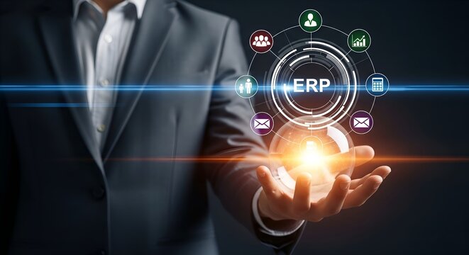 Businessman holding glowing light bulb with erp system interface and network icons - Powered by Adobe