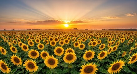 Golden Sunset Over Vibrant Sunflower Field.