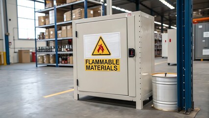 Flammable materials safety cabinet in a warehouse storage environment