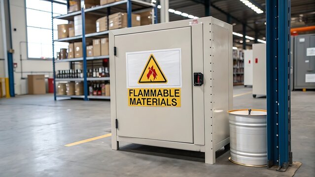 Flammable materials safety cabinet in a warehouse storage environment