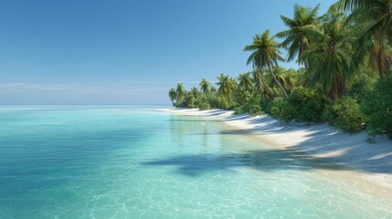 Fototapeta premium Tropical beach scene White sand turquoise water palm trees Clear blue sky