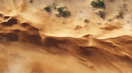 Aerial view of desert sand dunes textured landscape with sparse vegetation