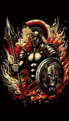 Ares, Greek god of war. Warrior in armor with spear and shield, surrounded by fire.