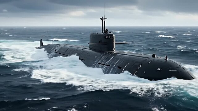 Modern Dark Submarine Navigating Rough Ocean Waves in Stormy Weather Under Cloudy Sky for Maritime Defense and Naval Strategy Concepts