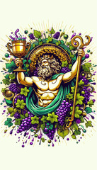 God Dionysius holding a golden chalice and scepter. Mythology art, symbol of celebration.
