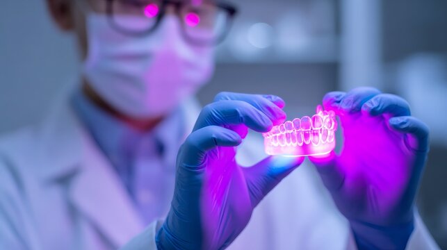 Dentist examining glowing 3D dental model in clinic. Future of oral health, innovative dentistry, and modern medical technology concept.