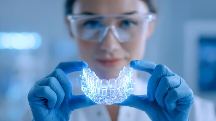 Woman scientist in protective glasses holding glowing 3D dental model. Future of dentistry and oral healthcare technology. Innovation.
