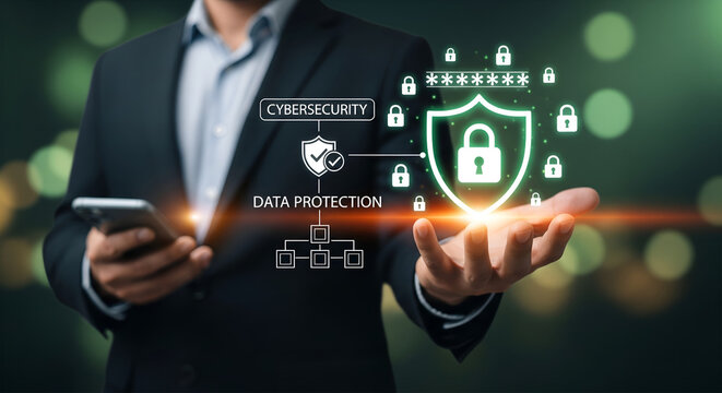 Businessman holding smartphone with digital security shield and network protection overlay
