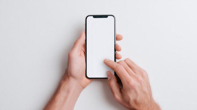 Man holding modern smartphone with blank white screen. Human hand scrolls through content. Mobile phone user experience, future technology concept.