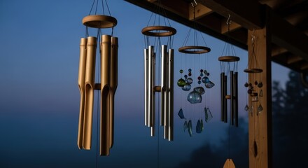 Metal Wind Chimes Hanging Outdoors at Dusk Creating a Peaceful Ambiance.
