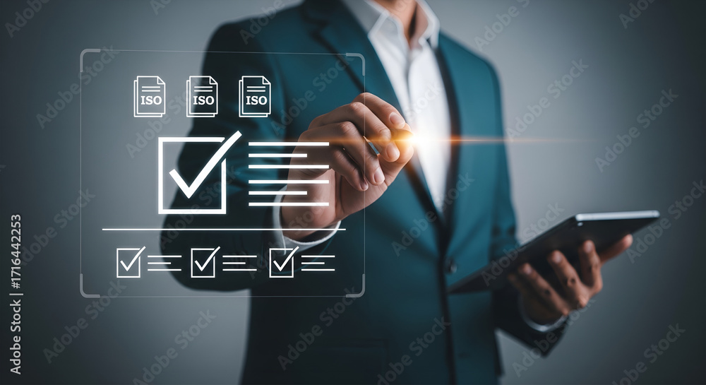 Poster businessman interacting with a digital checklist interface for task management and completion