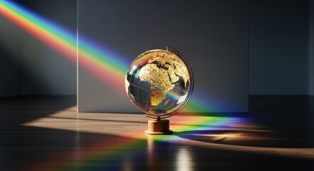 Glass World Globe Illuminated by Vibrant Rainbow Light Spectrum.