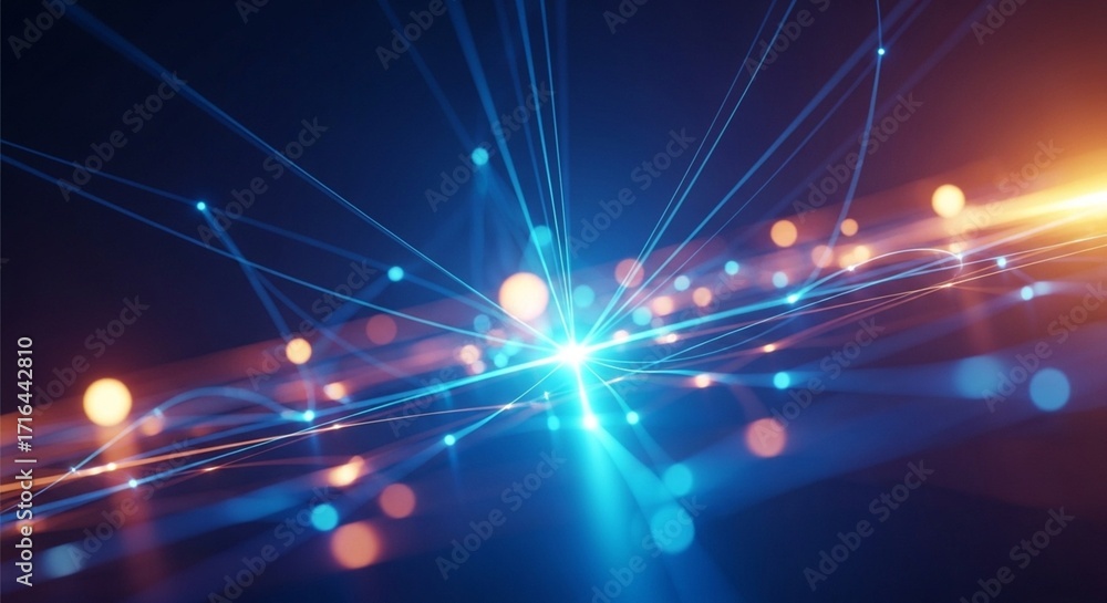 Poster abstract explosion of blue and orange light beams. high-speed internet connection and data transfer 