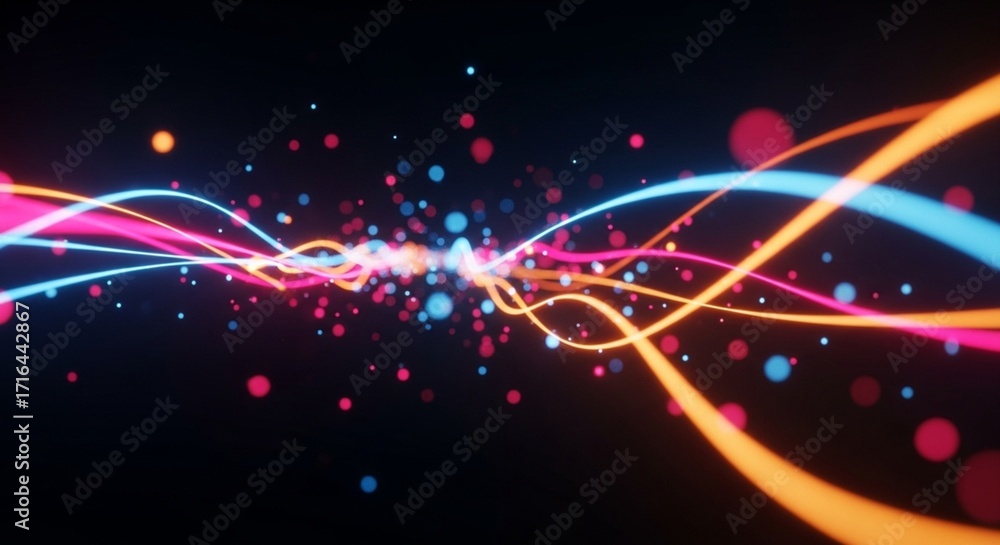 Poster abstract flowing neon light trails and particles. fiber optics and high-speed data stream concept. d