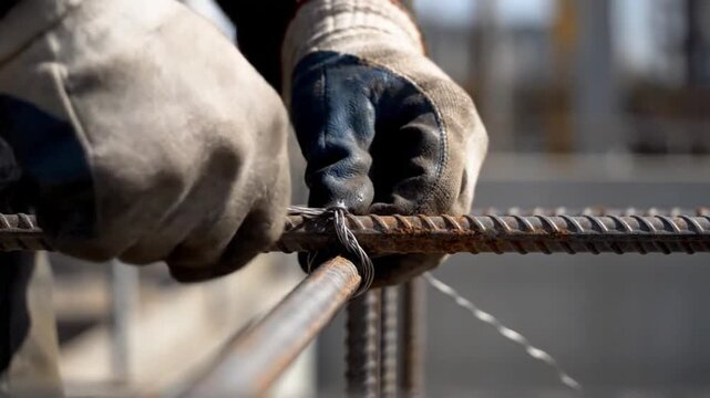 Close-up of construction workers gloved hands tying rusty rebar with wire securing steel reinforcement bars for concrete building foundation at a construction s