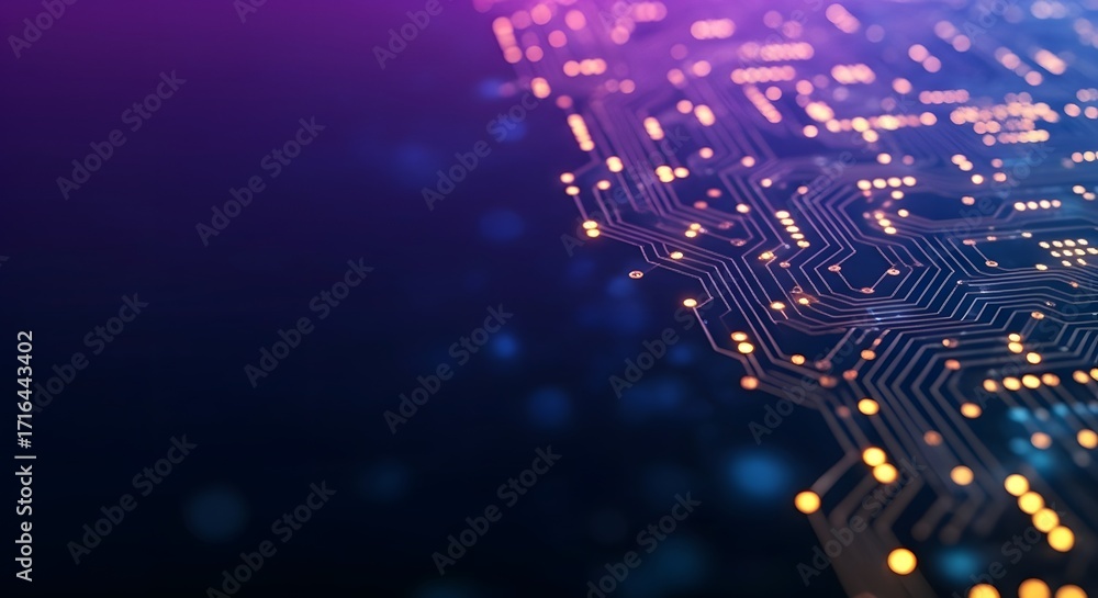 Poster glowing 3d circuit board on a dark purple background. artificial intelligence and big data processin