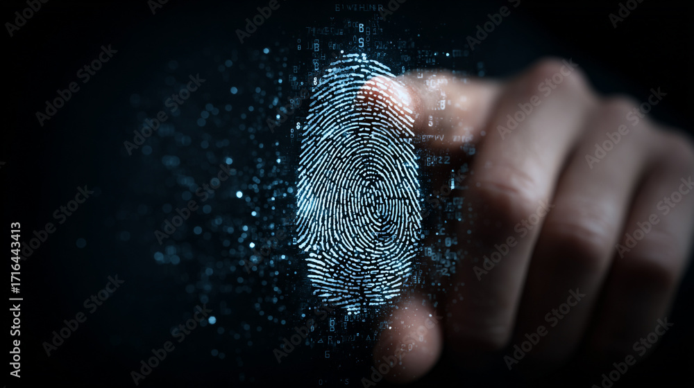 Poster finger pointing at a glowing digital fingerprint surrounded by data