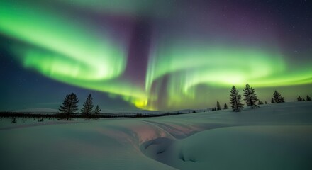 Spectacular Aurora Borealis over Snowy Winter Landscape.