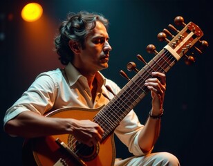Obraz premium Focused Musician Playing Lute-style Instrument on Stage