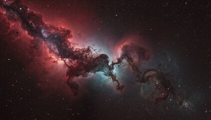 Obraz premium Breathtaking deep space view of a large nebula with a dramatic contrast between glowing red and blue gas clouds. A majestic and awe-inspiring celestial background