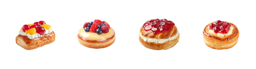 Assortment of four delicious and colorful pastry treats, perfect for bakery menus, food blogs, and sweet promotions. PNG set Transparent background