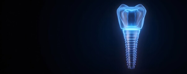 Digital dental implant with blue glow on a dark background. Concept of modern dentistry, prosthetic tooth and future medical technology.