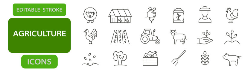 Agriculture line icons. Editable stroke vector set for farming and organic production