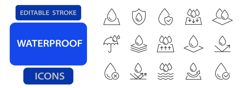 Waterproof line icons. Editable stroke vector set for fabric, shield, and drops