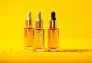 Luxurious golden serum bottles with glistening droplets on vibrant yellow background,  cosmetic product,  cosmetic