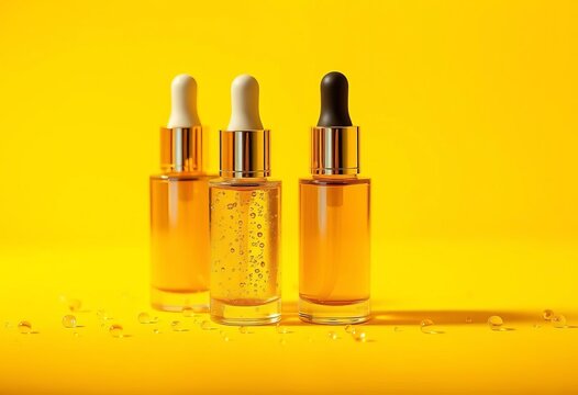 Luxurious golden serum bottles with glistening droplets on vibrant yellow background,  cosmetic product,  cosmetic