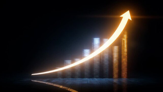 A dark, textured background with a glowing upward arrow over a series of lit-up bar graphs, representing progress