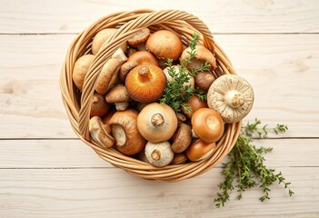 Rustic woven basket overflowing with earthy mushrooms and fragrant thyme sprigs on a light wood surface,   farm,  healthy
