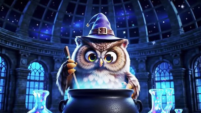 Wise owl wizard stirring magical potion in enchanting, mystical laboratory setting