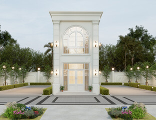 Obraz premium Elegant White Architectural Facade with Large Arched Window and Sconces