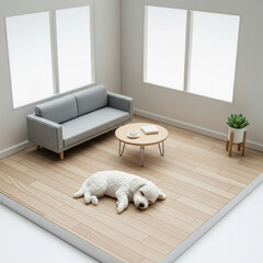 Chiens dans un salon minimaliste