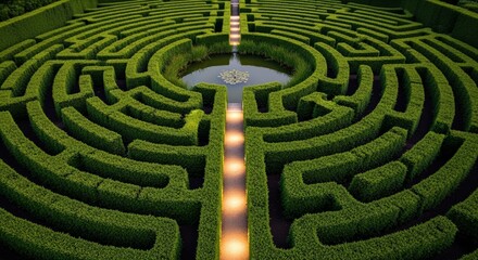 Aerial view of a green hedge maze with a central fountain and illuminated path.
